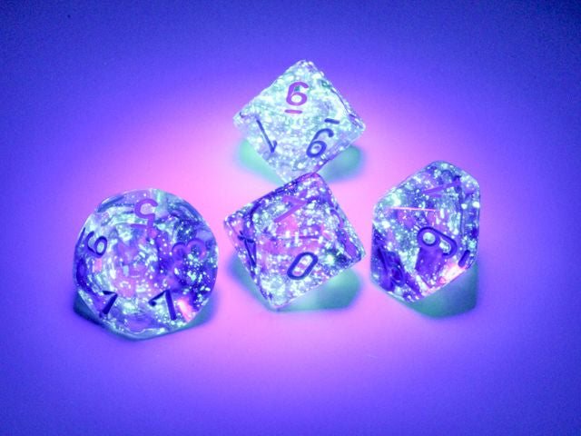 A close up of the Chessex Nebula Nocturnal with blue 10 d10 die under a black light.