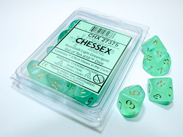 A close up of the Chessex Borealis Light Green with gold 10 d10 dice set and it's packaging. 