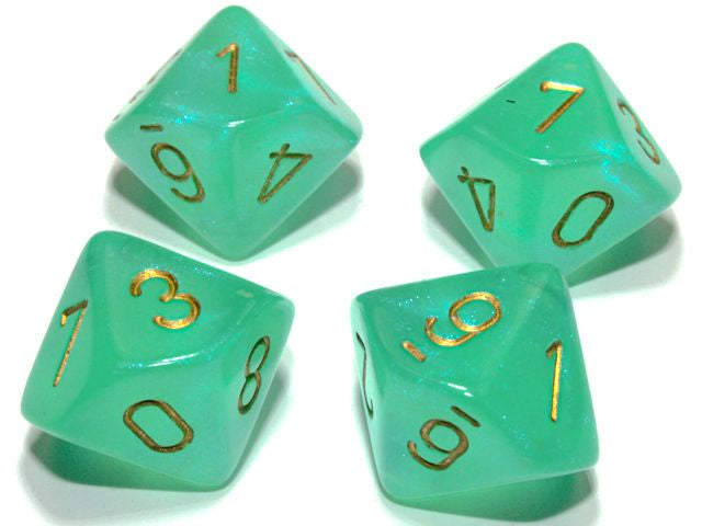 A close up of examples from the Chessex Borealis Light Green with gold 10 d10 dice set.