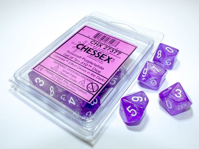 A close up  of the Chessex Borealis Purple  with white 10 d10 dice set and it's packaging. 