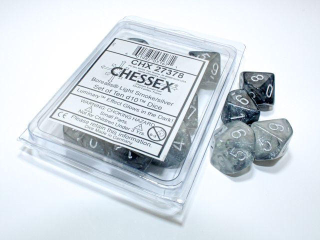 A close up of the Chessex Borealis Light Smoke with Silver 10 d10 dice set along with its' packaging.