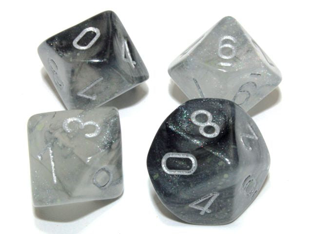 A close up of examples from the Chessex Borealis Light Smoke with Silver 10 d10 dice set.