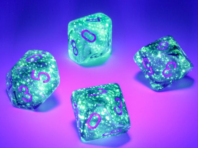 A close up of examples from the Chessex Borealis Light Smoke with Silver 10 d10 dice set under a black light.