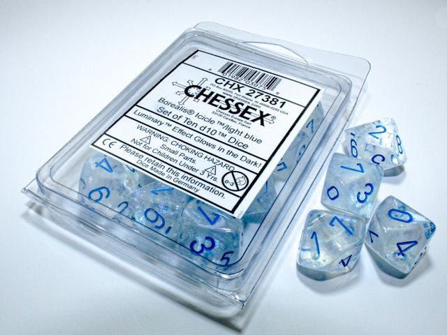 A close up of the Chessex  Borealis Icicle with blue 10 d10 dice set and its' packaging.