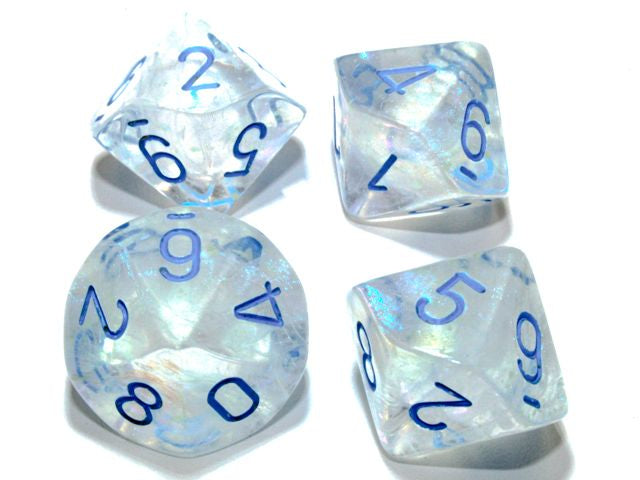 A close up of examples from the Chessex  Borealis Icicle with blue 10 d10 dice set.