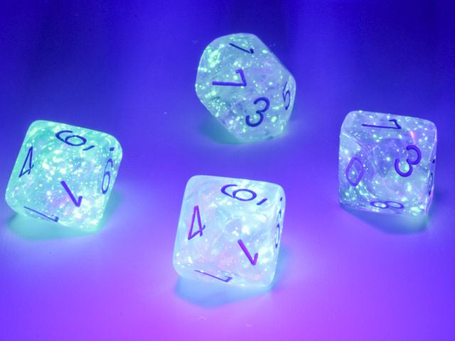 A close up of examples from the Chessex  Borealis Icicle with blue 10 d10 dice set under a blacklight.