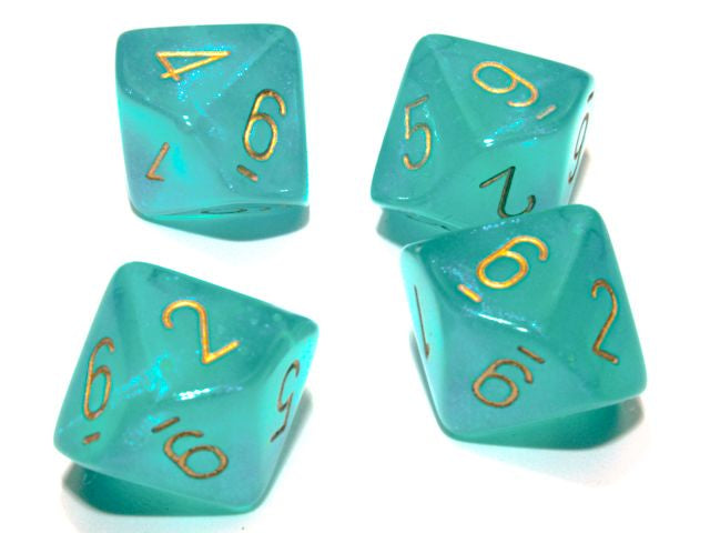A close up of examples from the Chessex Borealis Teal with gold 10 d10 dice set.