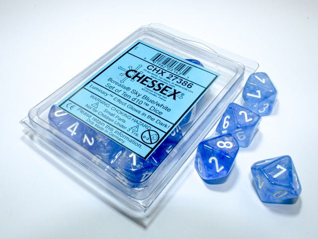 The chessex borealis Sky Blue with white d10 dice set along with its' packaging.