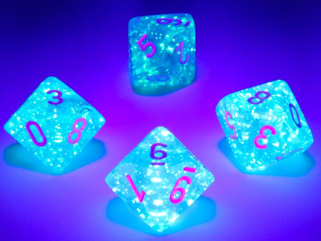 The chessex borealis Sky Blue with white d10 dice set under a black light.