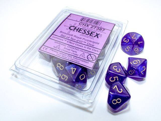 The chessex borealis royal purple with gold ten d10 dice set along with its' packaging.