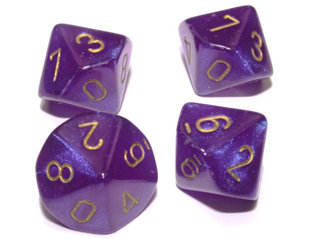 The chessex borealis royal purple with gold ten d10 dice set.