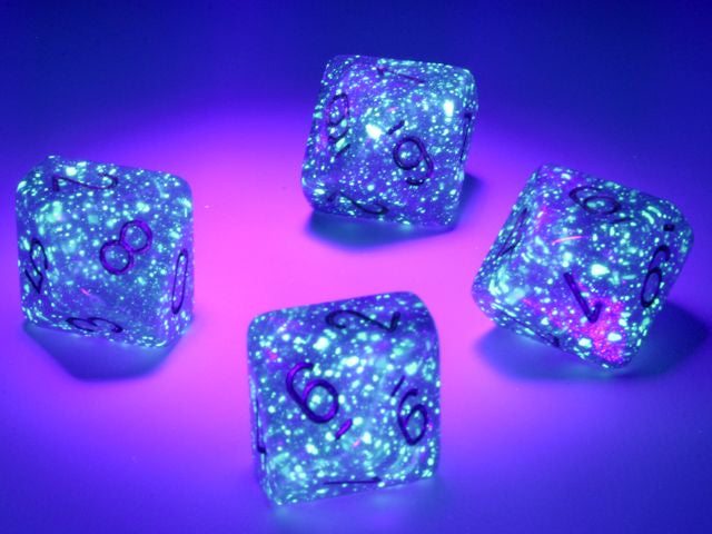 The chessex borealis royal purple with gold ten d10 dice set under a black light.