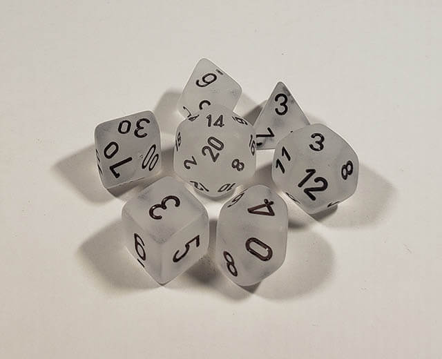 A close up of the Chessex Frosted Clear polyhedral dice set.