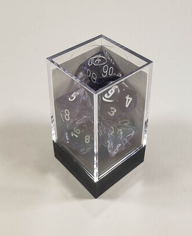 A close up of the Chessex Nebula Black polyhedral dice set in its package.