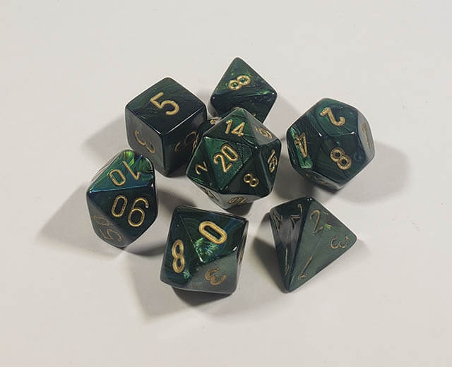 A close up of the Chessex Scarab Jade polyhedral dice set.
