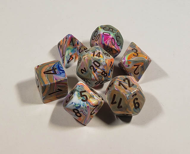 A close up of the Chessex Festive Vibrant Brown polyhedral dice set.