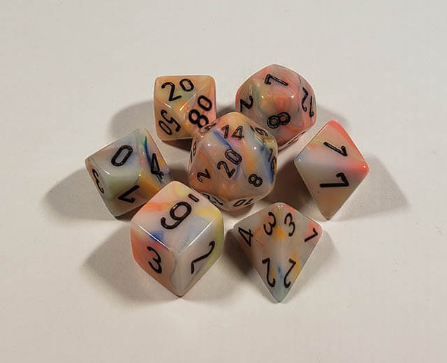 A close up of the Chessex Festive Circus polyhedral dice set.