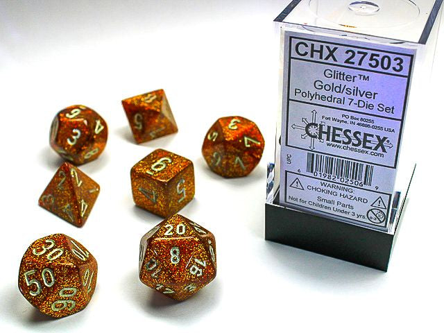 A close up of the Chessex Glitter Gold with silver polyhedral dice set along with its' packaging.
