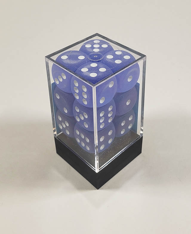 A close up of the Chessex Frosted Blue 16mm d6 dice set in its package.