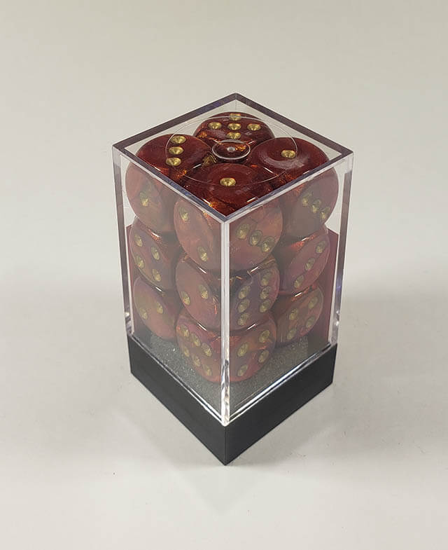 A close up of the Chessex Scarab Scarlet 16mm d6 dice set in its package.