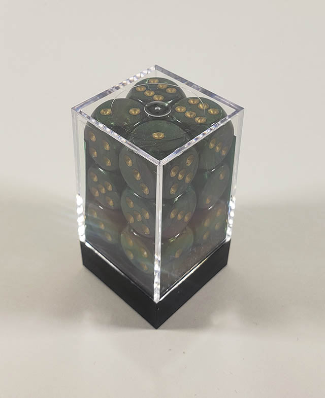 A close up of the Chessex Scarab Jade 16mm d6 dice set in its package.