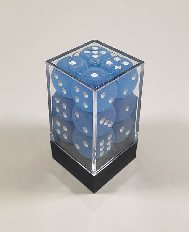 A close up of the Chessex Frosted Caribbean Blue  16mm d6 dice set in its package.