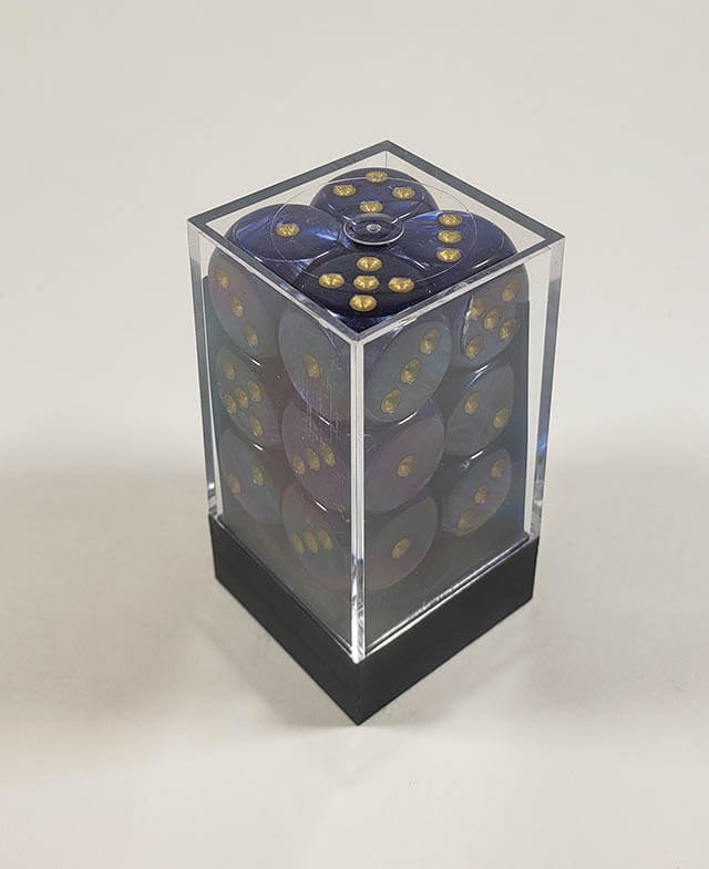 A close up of the Chessex Scarab Royal Blue 16mm d6 dice set in its package.