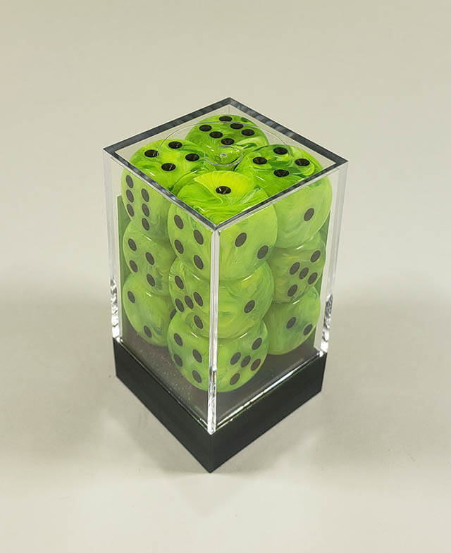 A close up of the Chessex Vortex Bright Yellow with black 16mm d6 dice set in its package.