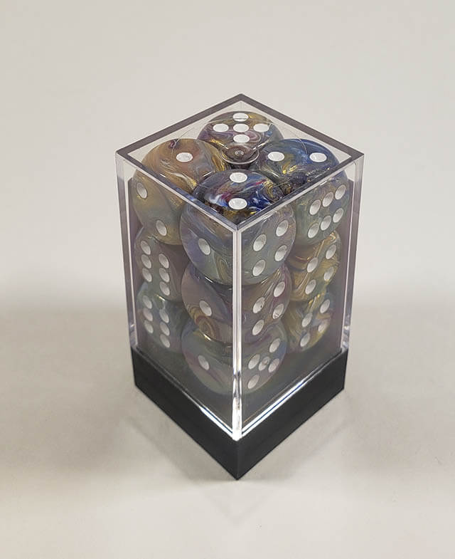 
A close up of the Chessex Festive Carousel 16mm d6 dice set in its package.