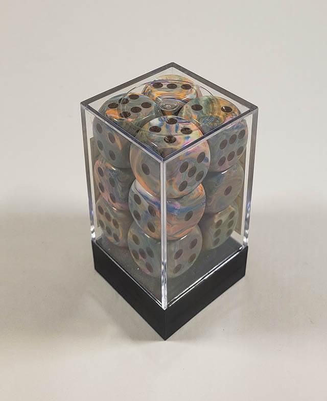 A close up of the Chessex Festive VIbrant 16mm d6 dice set in its package.