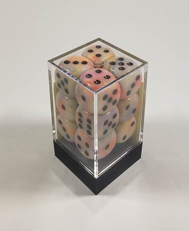 A close up of the Chessex FEstive Circus 16mm d6 dice set in its package.