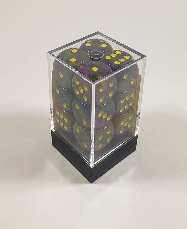 A close up of the Chessex Festive Rio 16mm d6 dice set in its package.