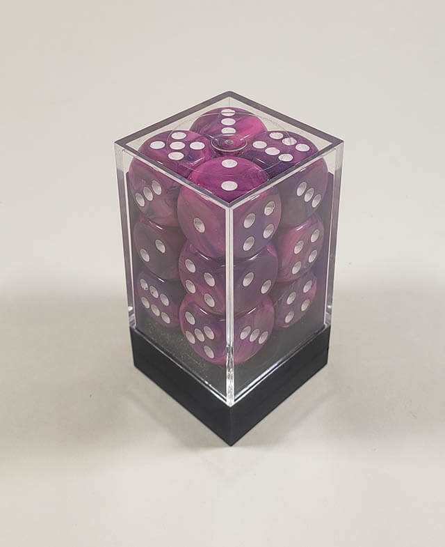 A close up of the Chessex Festive Violet 16mm d6 dice set in its package.