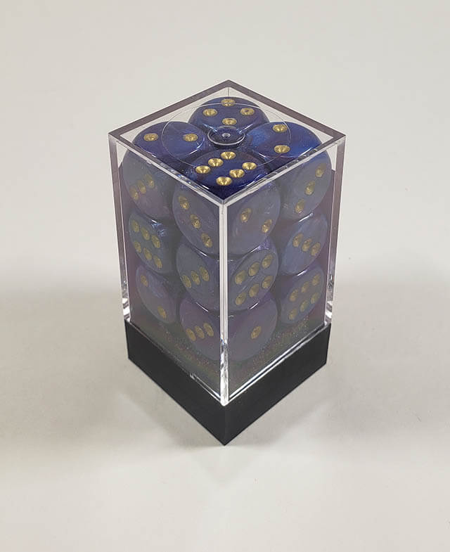A close up of the Chessex Lustrous Purple 16mm d6 dice set in its package.