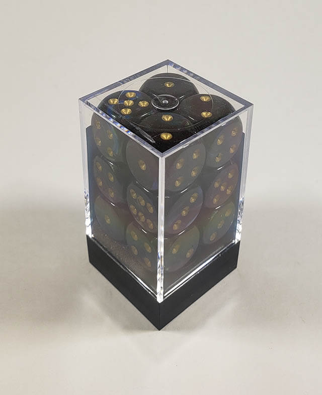A close up of the Chessex Lustrous Shadow 16mm d6 dice set in its package.