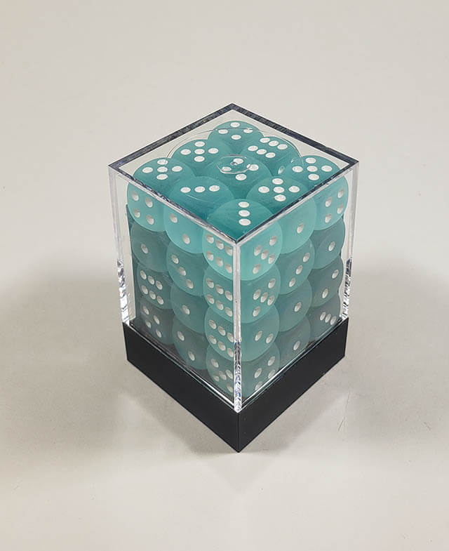 A close up of the Chessex Frosted Teal 12mm d6 dice set in its package.