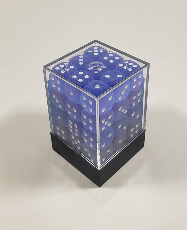 A close up of the Chessex Frosted blue 12mm d6 dice set in its package.