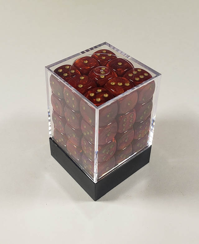 A close up of the Chessex Scarab Scarlet 12mm d6 dice set in its package.