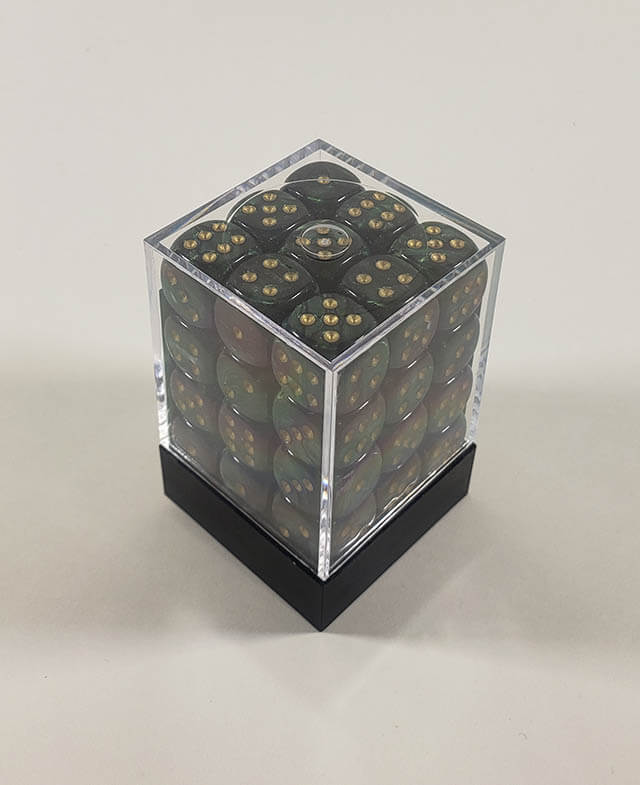 A close up of the Chessex Scarab Jade 12mm d6 dice set in its package.