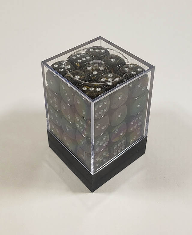 A close up of the Chessex Leaf Black 12mm d6 dice set in its package.