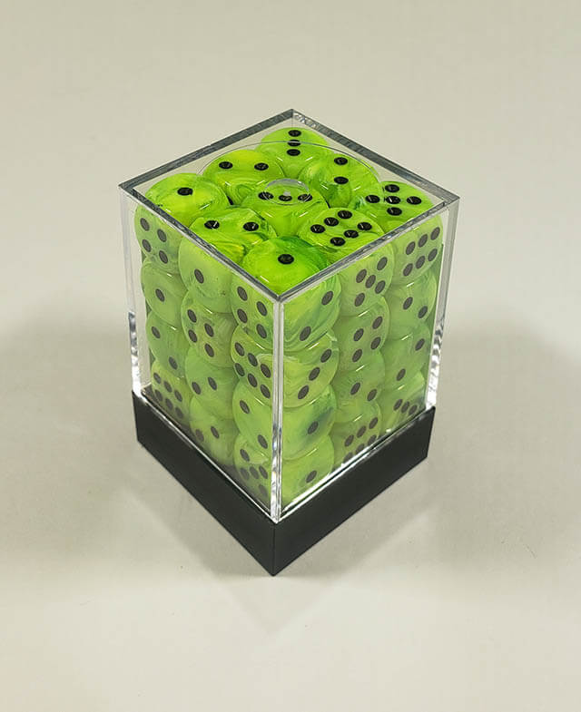 A close up of the Chessex Vortex Bright Yellow with black 12mm d6dice set in its package.