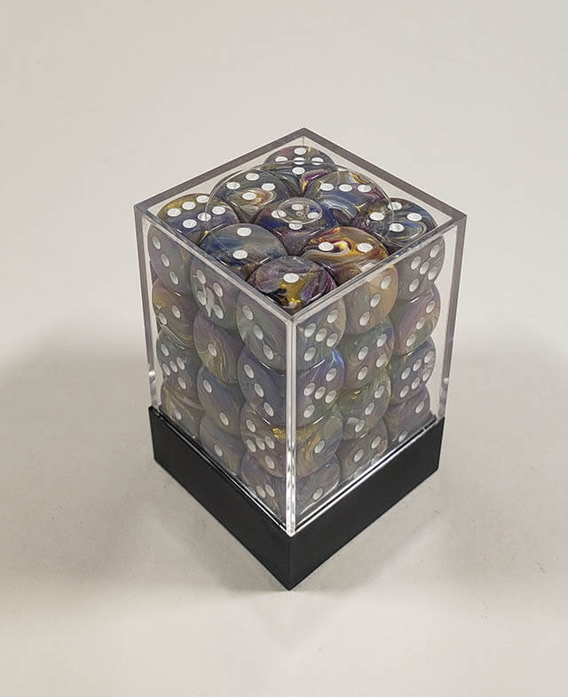 A close up of the Chessex Festive Carousel 12mm d6 dice set in its package.