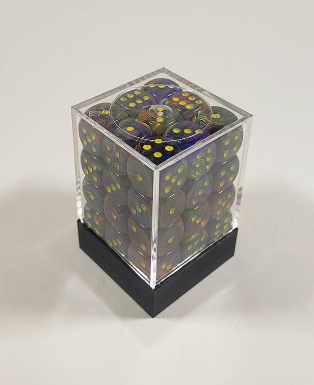 A close up of the Chessex Festive Rio 12mm d6 dice set in its package.