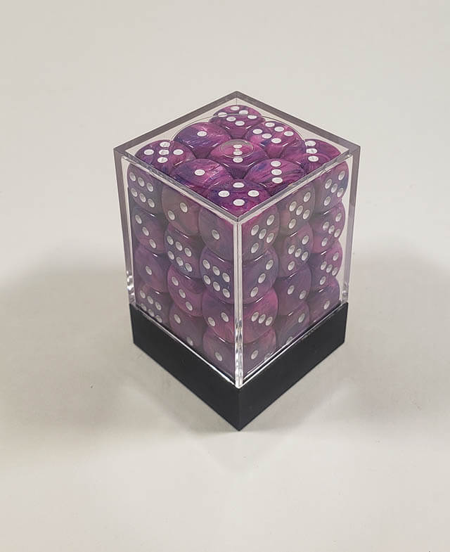A close up of the Chessex Festive Violet 12mm d6 dice set in its package.
