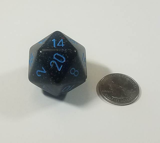 Blue and Black 34mm d20 with quarter for scale. 