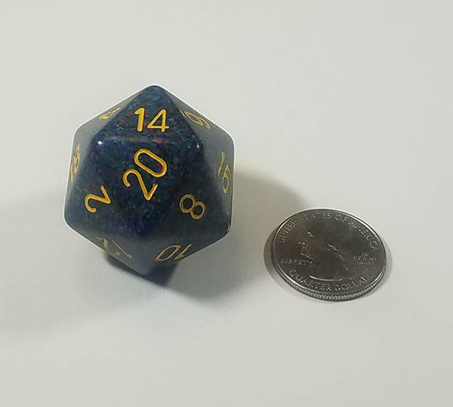 Blue 34mm d20 with quarter for scale. 