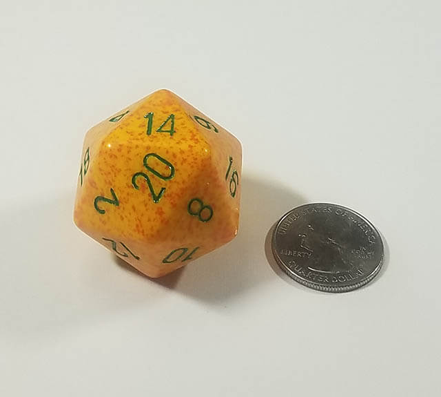 Yellow and Orange 34mm d20 with quarter for scale. 