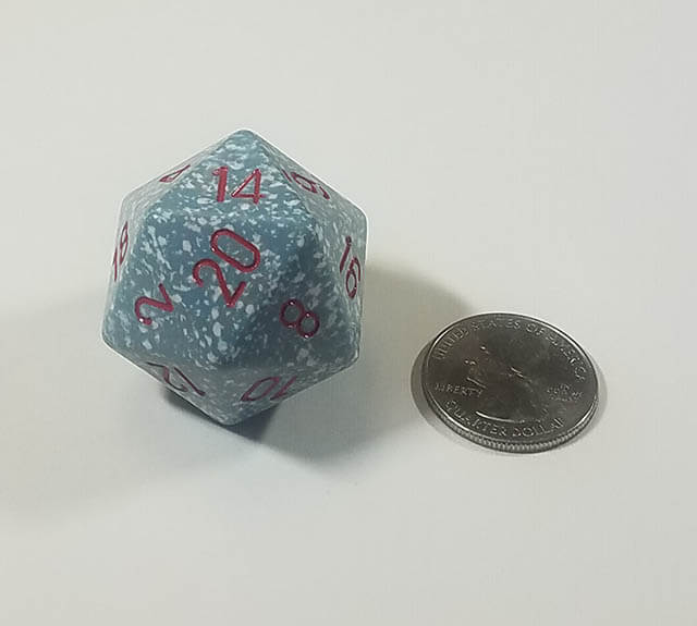 Blue and white 34mm d20 with quarter for scale. 