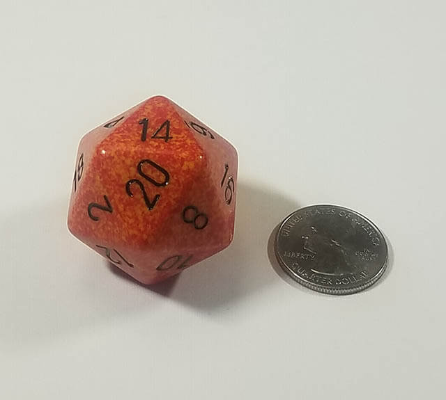 Orange 34mm d20 with quarter for scale. 