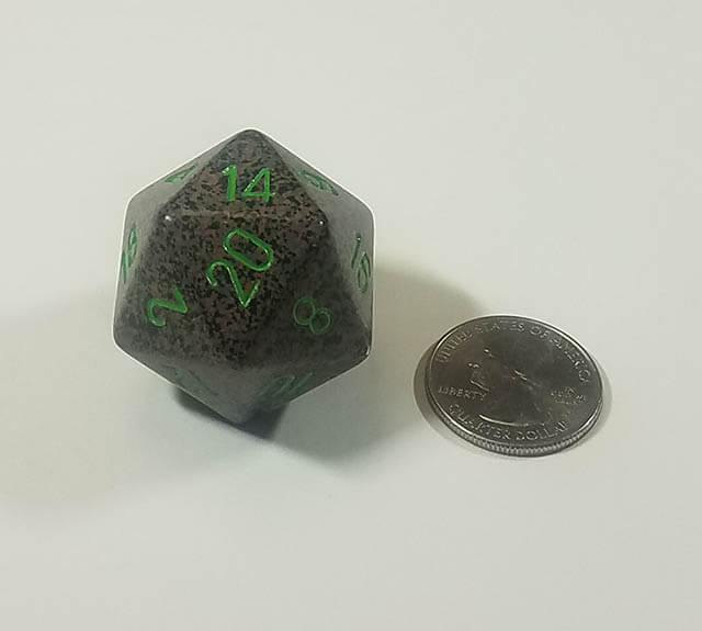 Brown and Grey 34mm d20 with quarter for scale. 